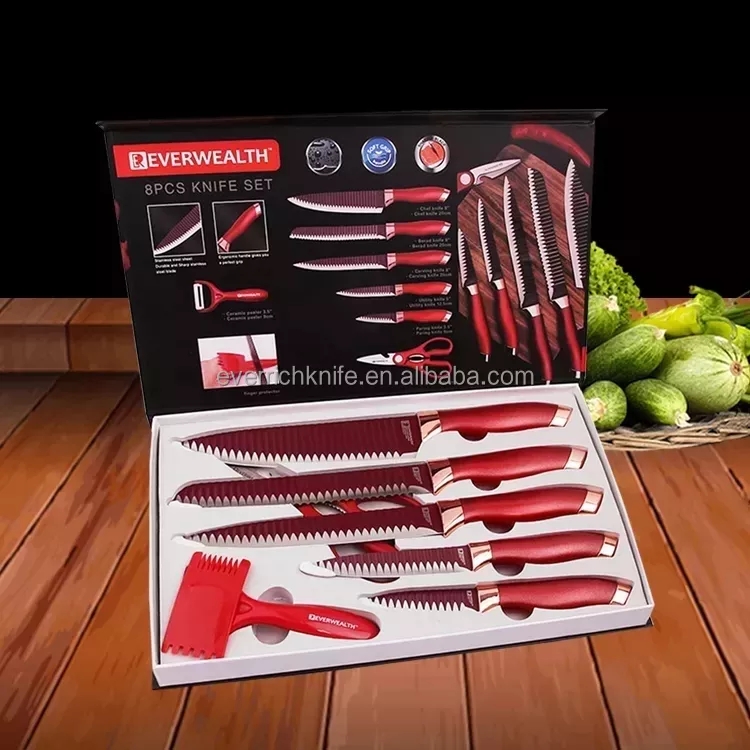 Legjobb vonzóbb forró eladás 8 db konyhai kés készlet piros színű ajándékdoboz 