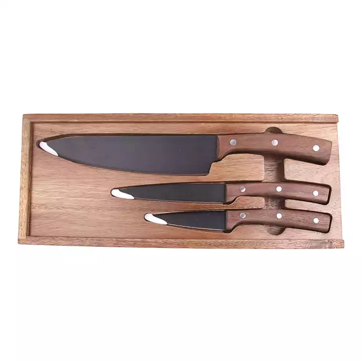 Forró eladó új design fekete oxid bevonat konyhai kések Chef kés készlet dió fa fogantyú 