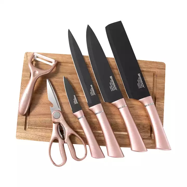 Forró eladó ajándékdoboz 7 db konyhai eszközök rozsdamentes acél fekete penge kés készlet vágódeszkával 