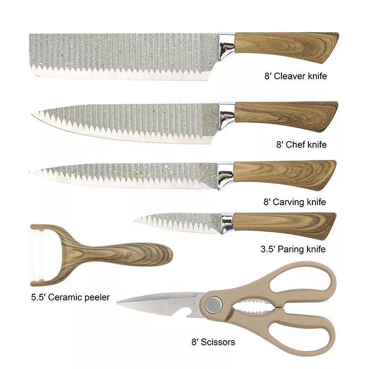 Új stílusú praktikus konyhai kés készlet fa gabona bevonatú fogantyú konyhai kés ollóval és hámozóval 