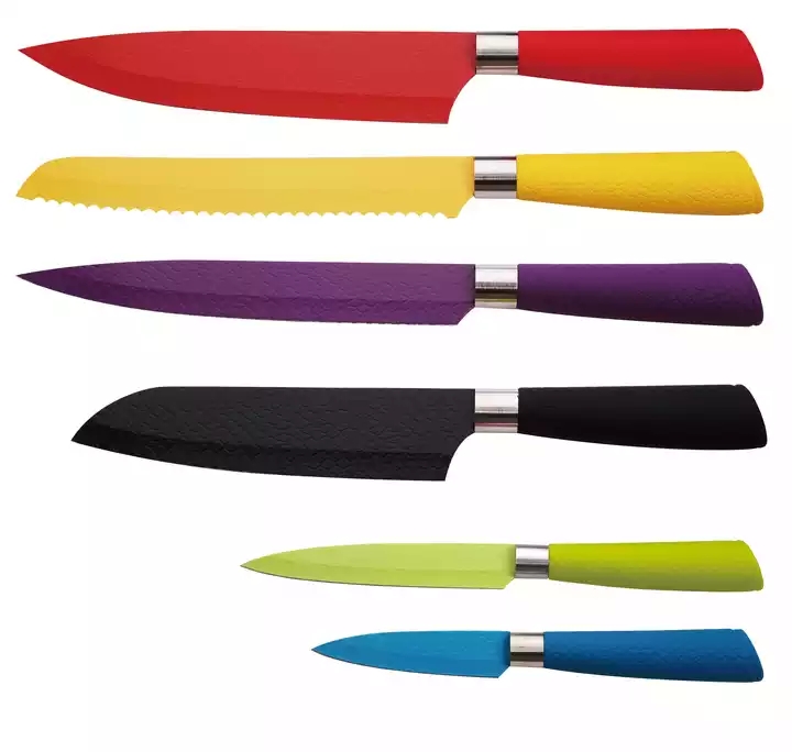Kína divatgyár színes rozsdamentes acél konyhai eszközök 7 darabos PP + TPR fogantyú konyhai kés készlet 