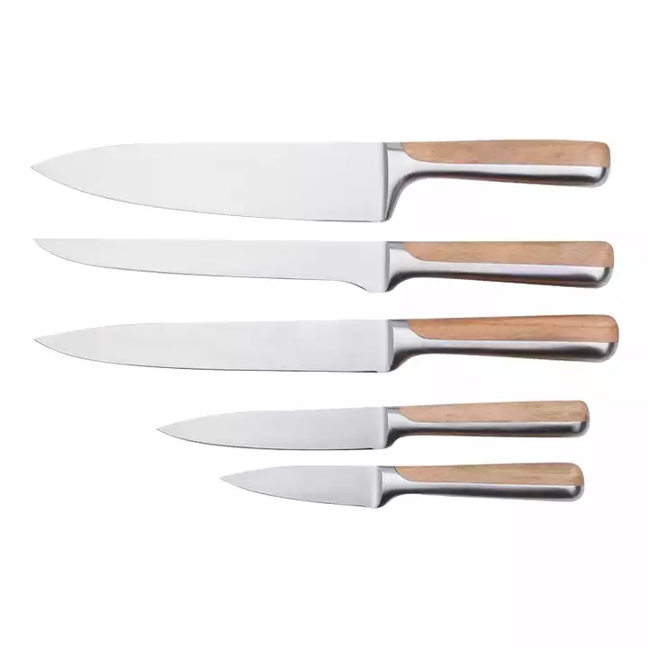Rozsdamentes acél konyhai kés készlet bükkfa + 430 fogantyú fa kés tároló alappal 