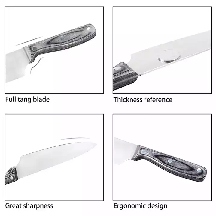 Magas színvonalú rozsdamentes acél kés készlet Chef Knife Utility kés készlet Pakka fa fogantyúval 