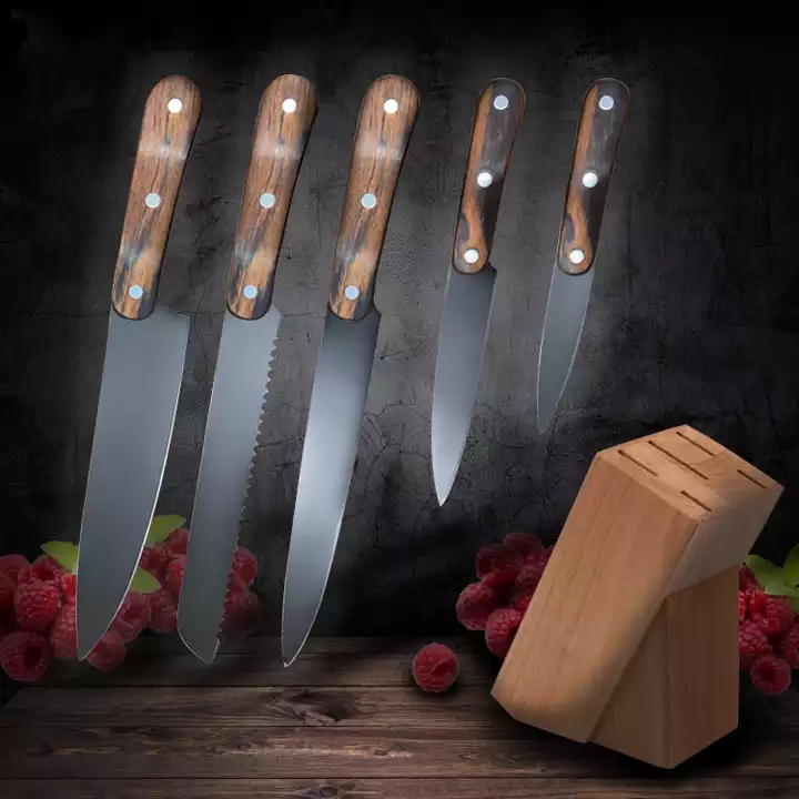 Természetes Pakka fa rozsdamentes acél 3cr13 6pcs éles kések készletek konyhai kés készlet 