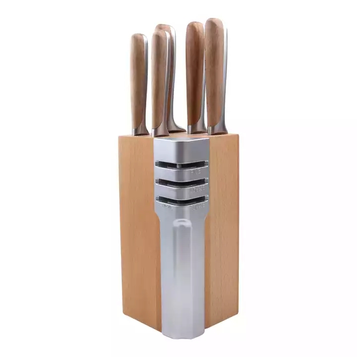 Rozsdamentes acél konyhai kés készlet bükkfa + 430 fogantyú fa kés tároló alappal 